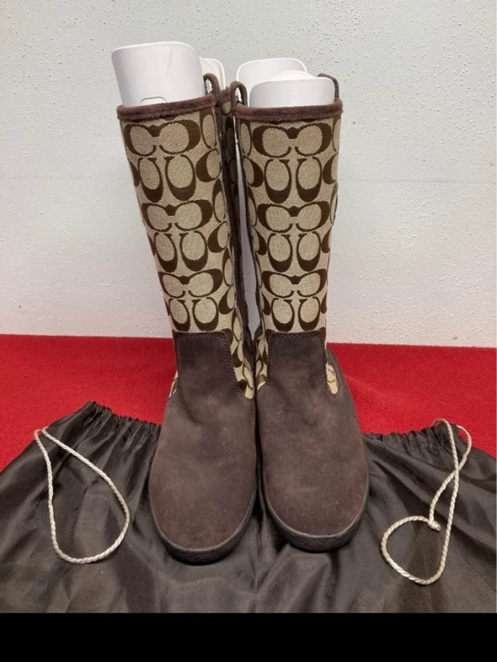 Coach Signature Canvas & Suede Knee-High Boots - Brown